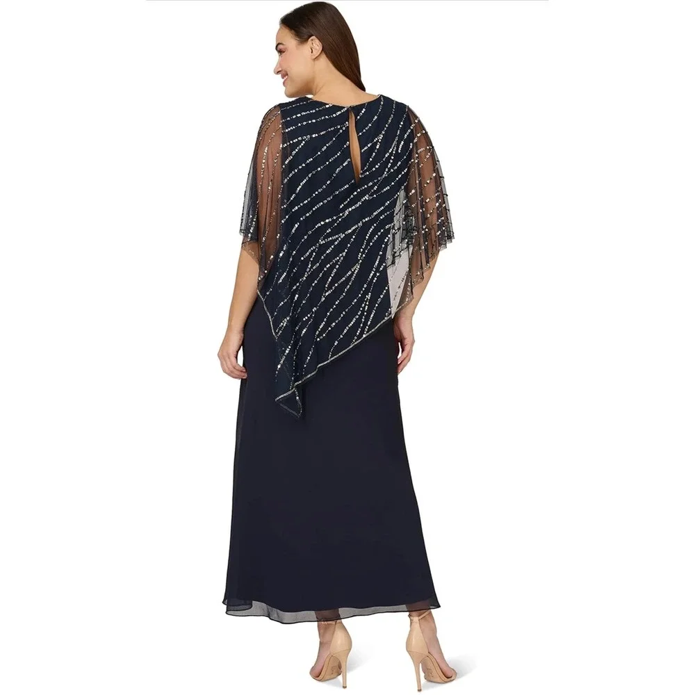 Adrianna‎ Papell Midnight Navy Sequin Beaded Popover Midi Dress 18W NWT